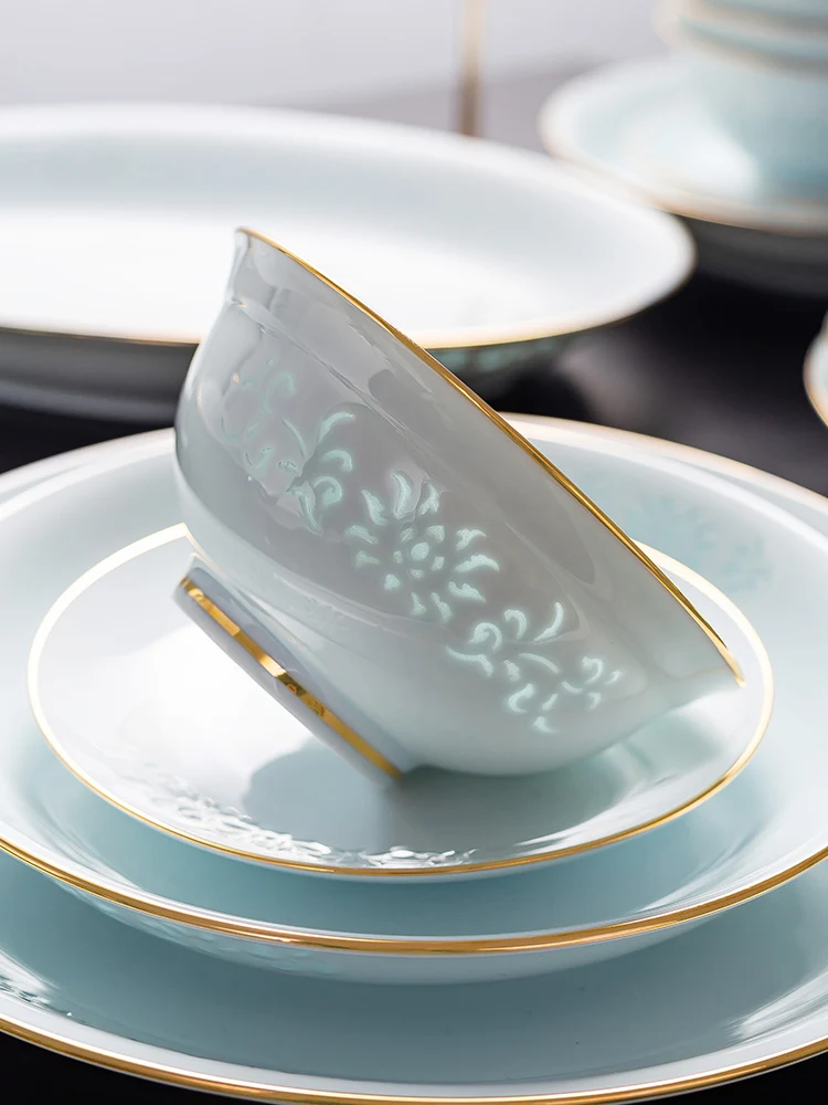 

Celadon Exquisite Tableware Set of Dishes and Bowls Household High Temperature Porcelain Upscale Gold Rimmed Bowl Dish