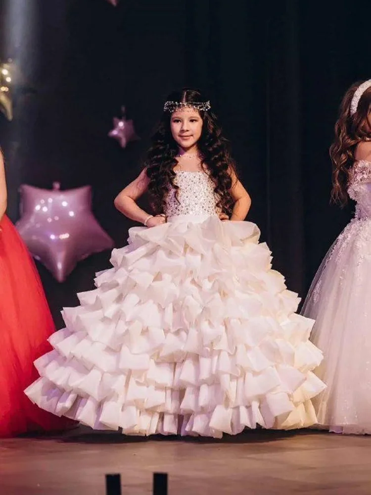 Custom Flower Girl Dress Sweetheart Spaghetti Straps Multi Layer 3D Ruffle Satin Puffy Long For Pageant Competition,Birthday