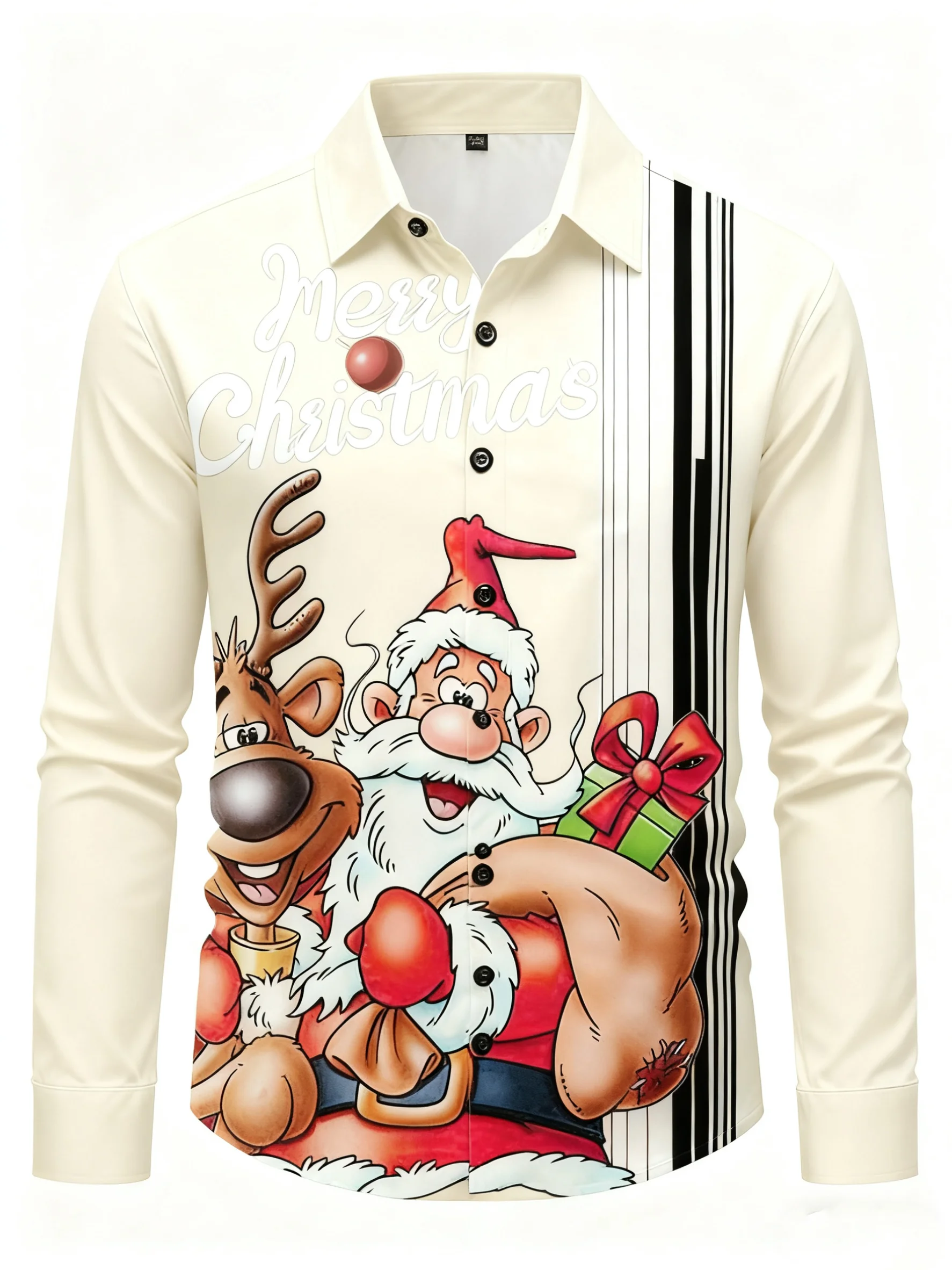 Fun Christmas Men's Long-Sleeve Shirt with Santa Claus and Reindeer Print, Loose Fit Button-Down for Holiday Casual Celebrations