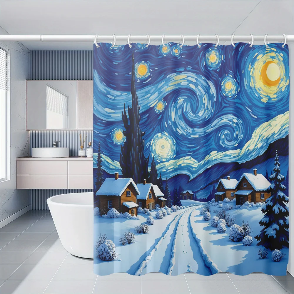 Waterproof Polyester Shower Curtain Snowy Village Galaxy Night Sky Print Bath Mural Home Decor Liners Decoration for Bathroom