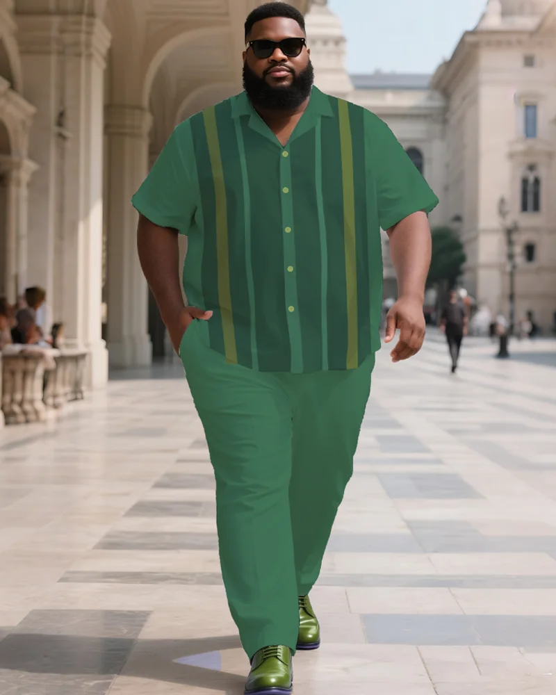 

S-9XL Men's Large Size Striped Split Short Sleeve Shirt and Long Pants Two-Piece Set