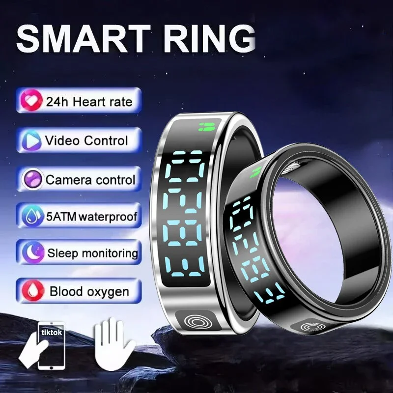 New 5ATM Waterproof Display Screen Smartring, Health Monitor Gesture Swipe Video/Brush Tiktok Multi Sport Modes Smart Ring