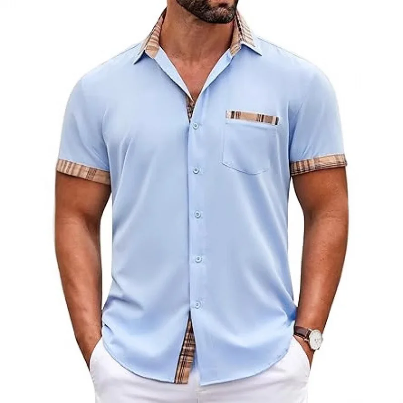2025 Summer Short sleeved Checkered Shirt Fashion Casual Top Men's European and American Formal Shirt
