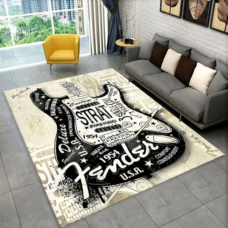 Retro Fender Logo Guitar Instruments Music Carpet Rug for Playroom Bedroom Living Room Sofa Home Decor, Area Rug Non-slip
