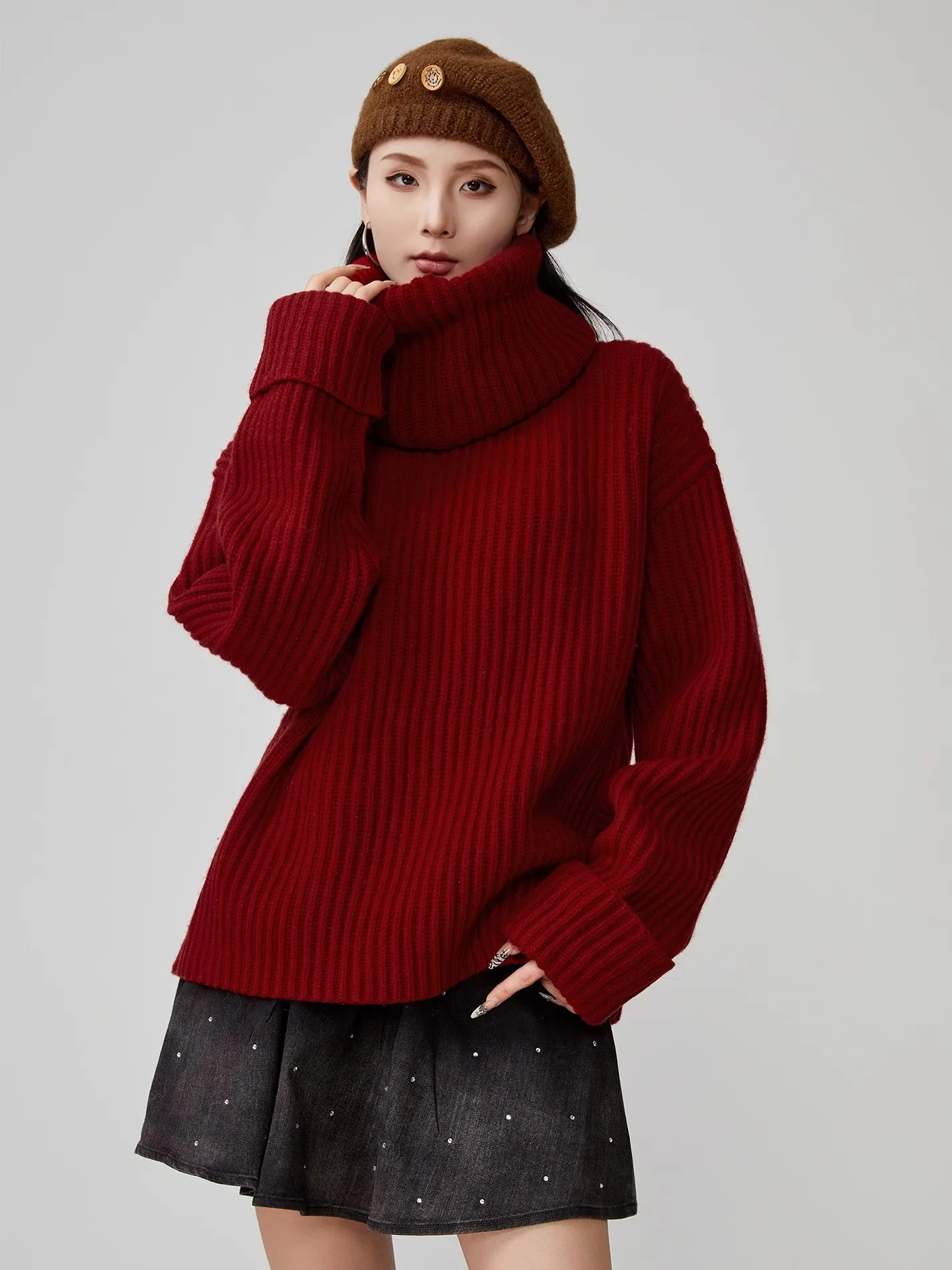 

Detachable High Collar Sweater Women's Cisas Red Lazy Sle Knitted Top Spring New Korean Sle Loose Fit Polyester Blend