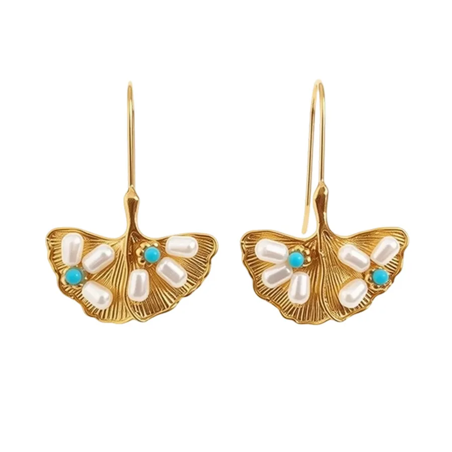 

New Chinese pearl ginkgo biloba pendant earhooks vintage court style temperament earrings women's light luxury high-end earrings