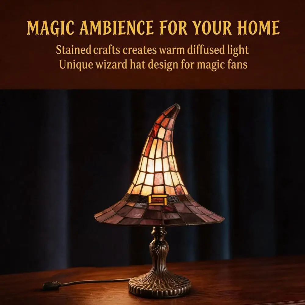 Handcrafted Resin Witch Hat Lamp Stained Glass Style USB Powered Gothic Night Light Purple Color Tabletop Design