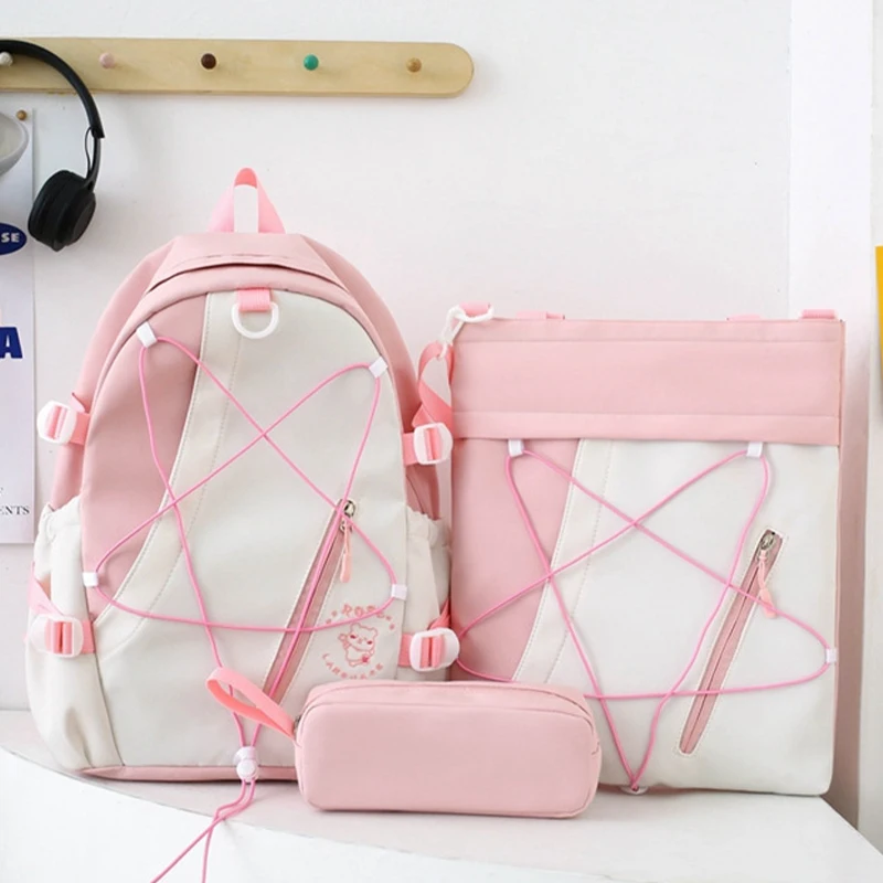 

3Pcs Women School Backpacks for Teen Girls Junior Senior High Students Nylon Contrast Color Drawstring Large Capacity Book Bag