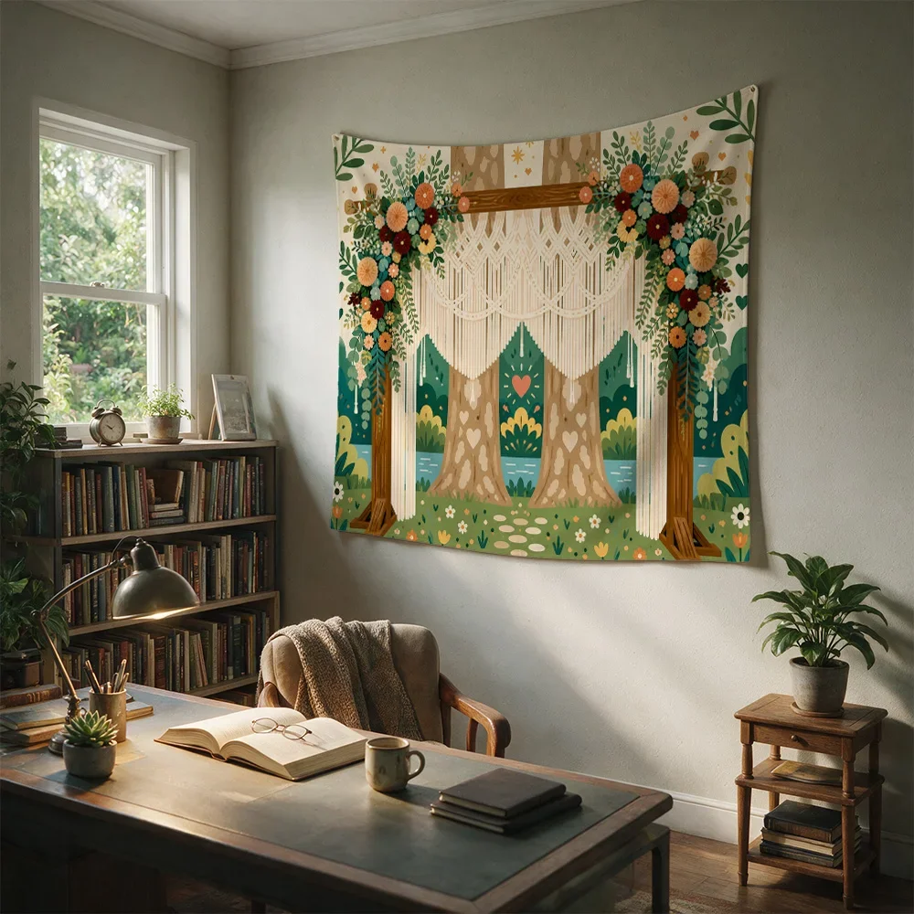 Boho Forest Mural Tapestry Wall Hanging Macrame Dreamy Woodland Boho Decor for Living Room Nursery