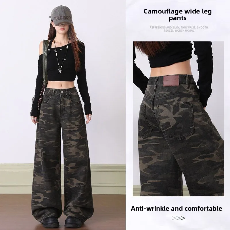 

2k 2000s Clothes Camouflage Versatile Slimming Straight-leg Jeans Feminine Retro Loose Casual Wide-leg Floor-length Pants Jeans