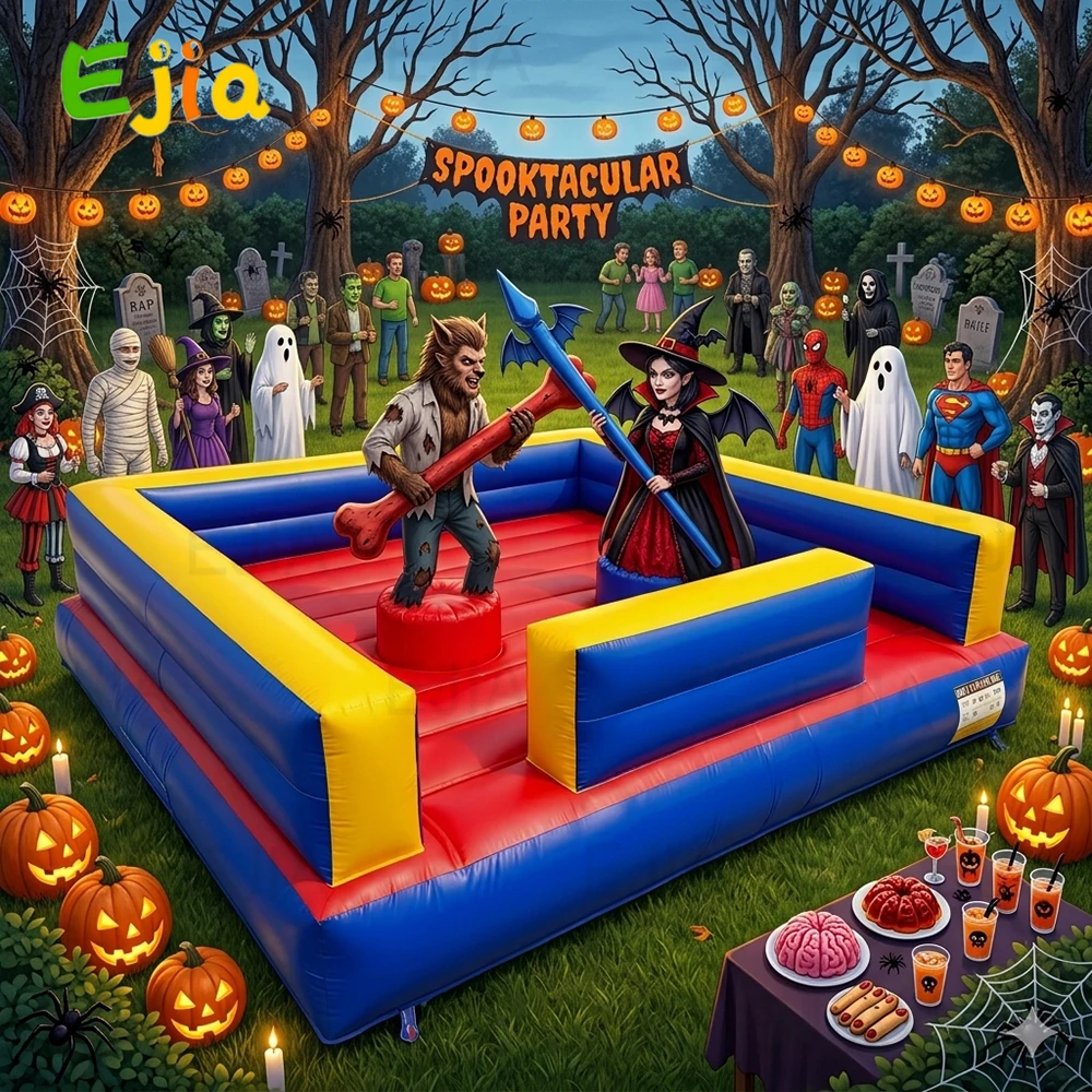 2 Person Halloween Spooktacular Party Inflatable Gladiator Joust Fighting Arena - 13x13ft Inflatable Jousting Ring Rental for Adults  Outdoor Backyard Carnival Game with Sticks and Helmets