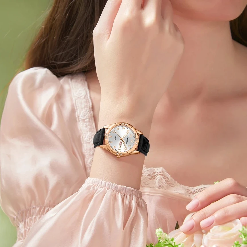 Sanda 9096 Korean style Vintage Leather Double Calendar Quartz Watch For Women Waterproof Luminous Diamond small dial wristwatch
