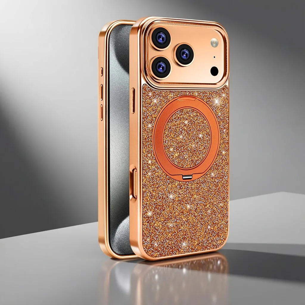 360° Rotatable Metal Ring Stand Glitter Leather Magnetic Case For iPhone 17 Pro Max Air Shockproof Lens Protection Luxury Bling