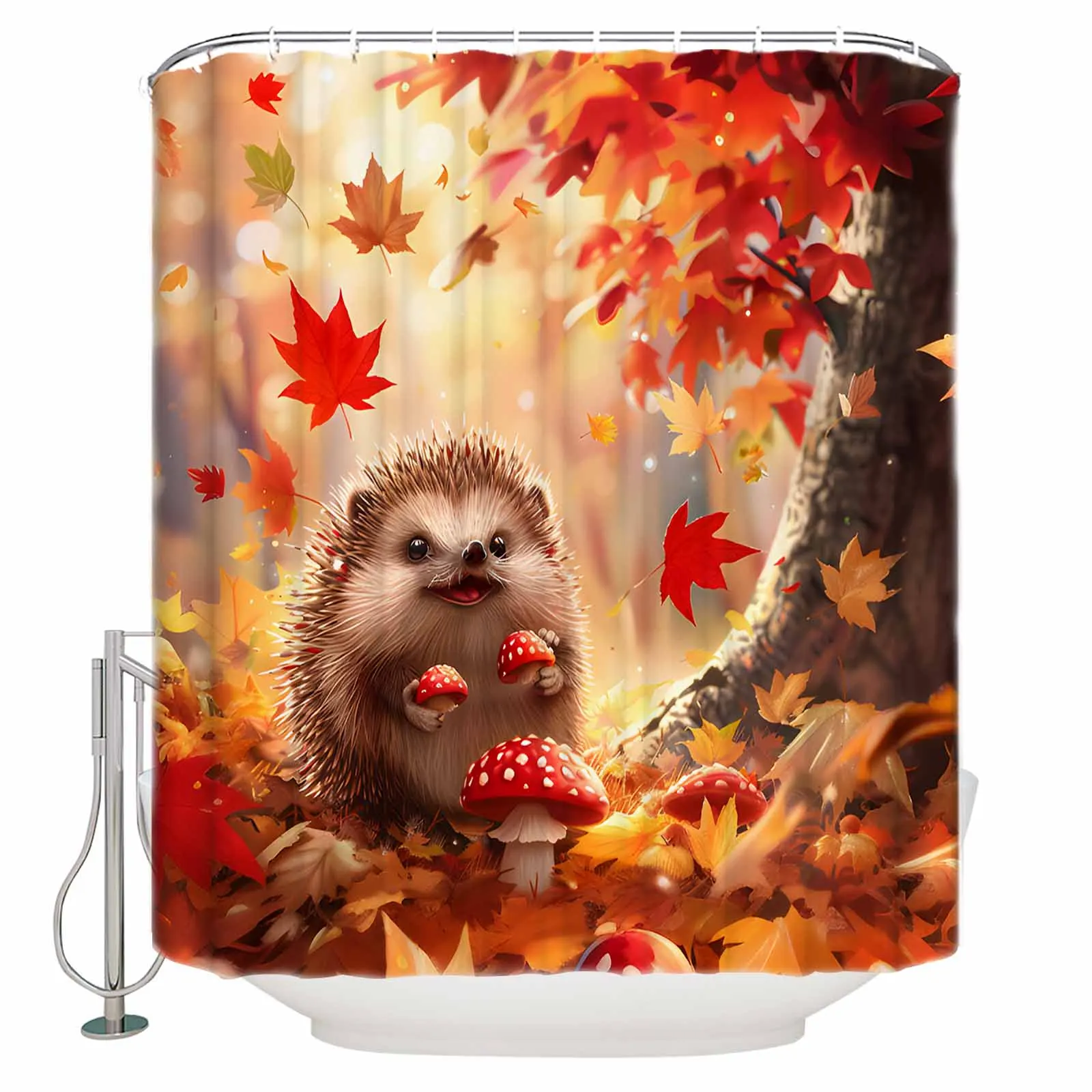 Autumn Maple Leaf Hedgehog Mushroom Shower Curtains Waterproof Bath Curtains Home Decor Modern Luxury Bathroom Curtain