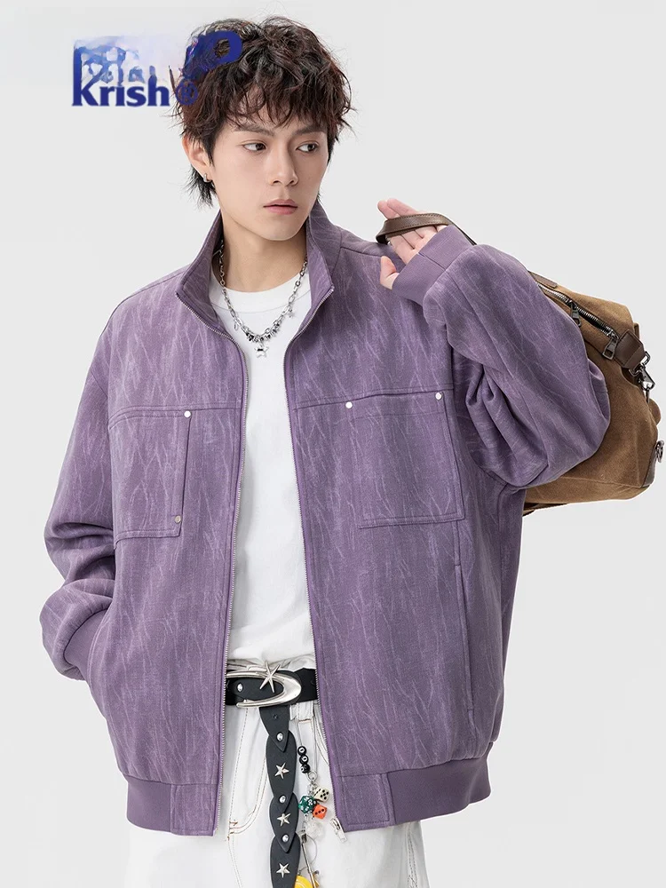

Wassup Kri Men's Purple Suede Jaet Stand Collar Casual Outerwear Autumn Faion Trendy Leisure Coat Zipper Closure Long S...