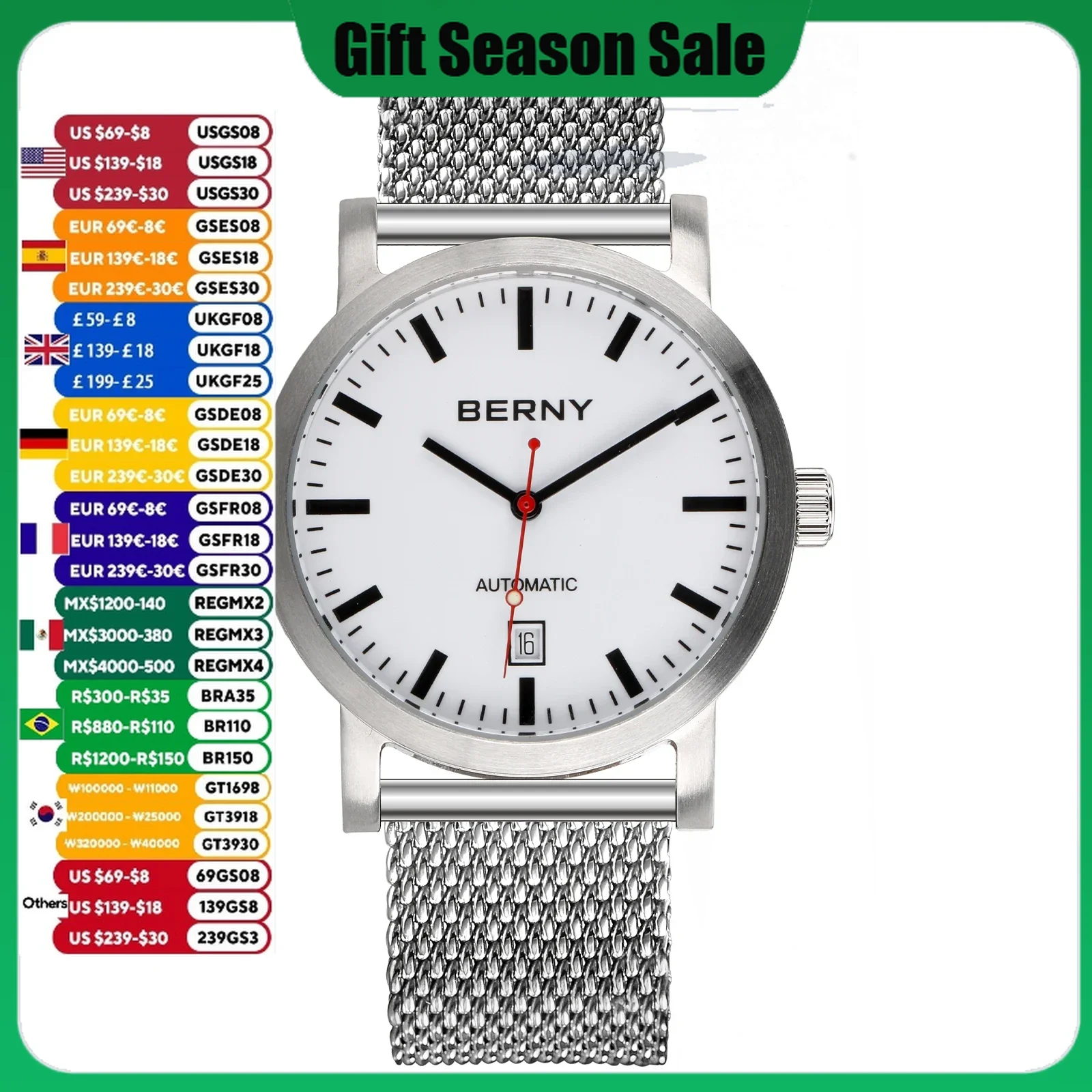 BERNY Swiss Railway Men Wristwatch Mechanical Watch for Men Automatic Watches Seagull Luxury Brand Male Clock 5ATM Waterproof