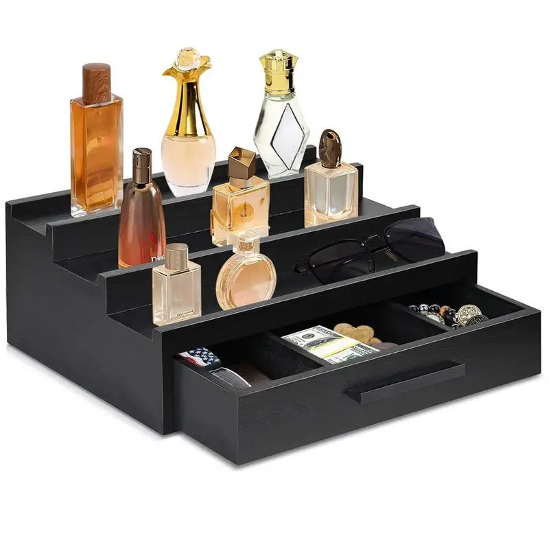 Black Perfume Organizer Perfume Rack Organizer 3 Tier Display Riser Stand Wooden Fragrances Shelf With Drawers For Watches