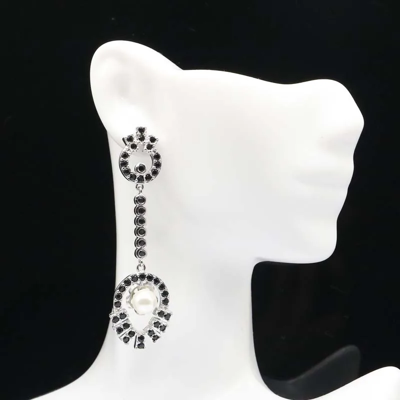 63x18mm European Design Long White Sapphire Black Sapphire White CZ Fashion Jewelry Woman's Party Silver Earrings
