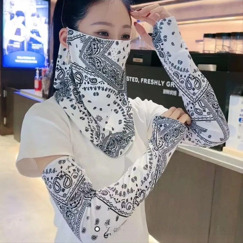Fashion Ice Silk Sun Protection Set, Earloop Face Mask & Finger Hole Arm Sleeves, Anti-UV for Driving Cycling Outdoor Men Women