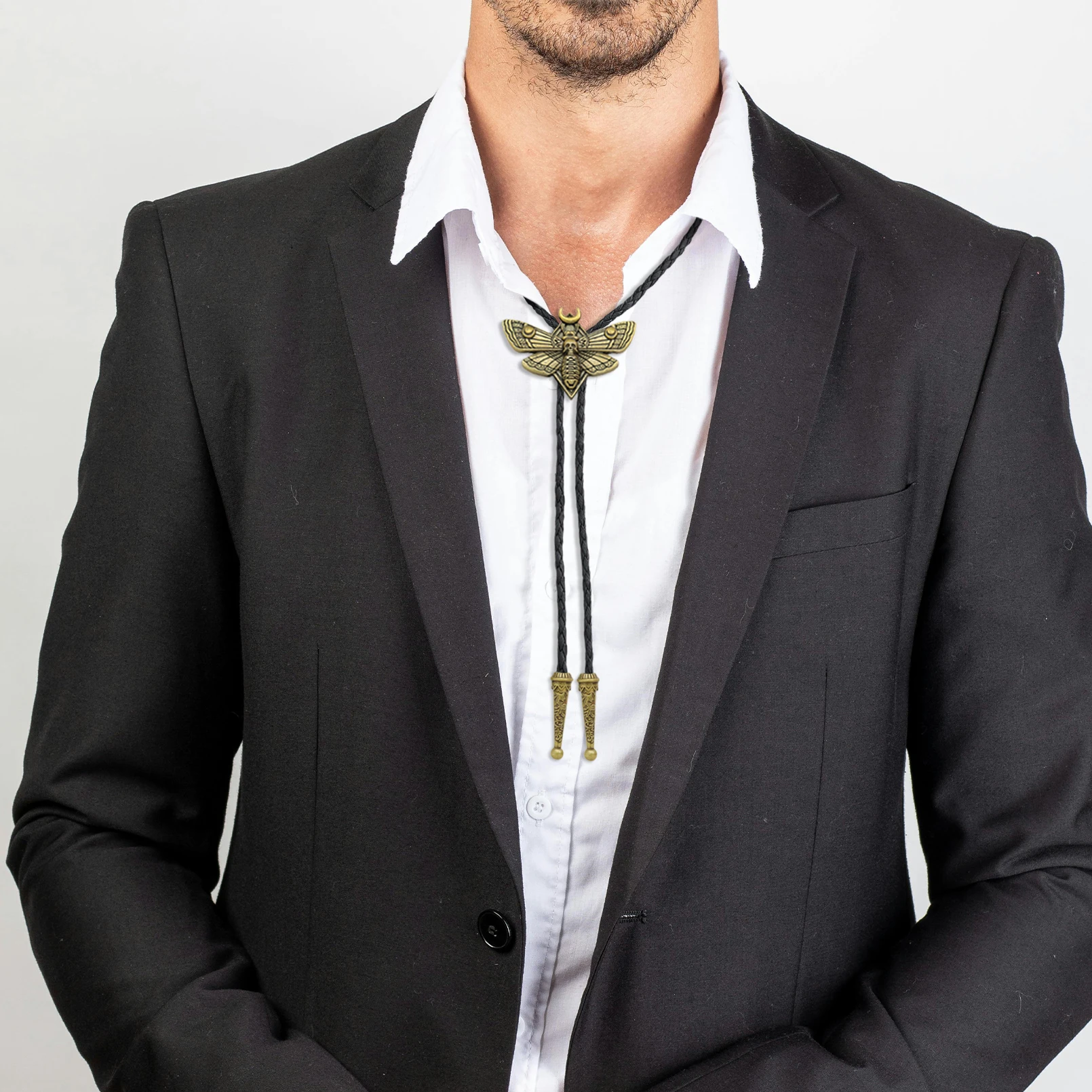 Bolo-Krawatte für Männer, Totenkopf-Kopf, Motte, Bolo-Krawatte, Krawatte, Insekt, Mond, Motte, Anhänger, Leder-Halskette, Western-Cowboy-Accessoires, Frau – Detail 6