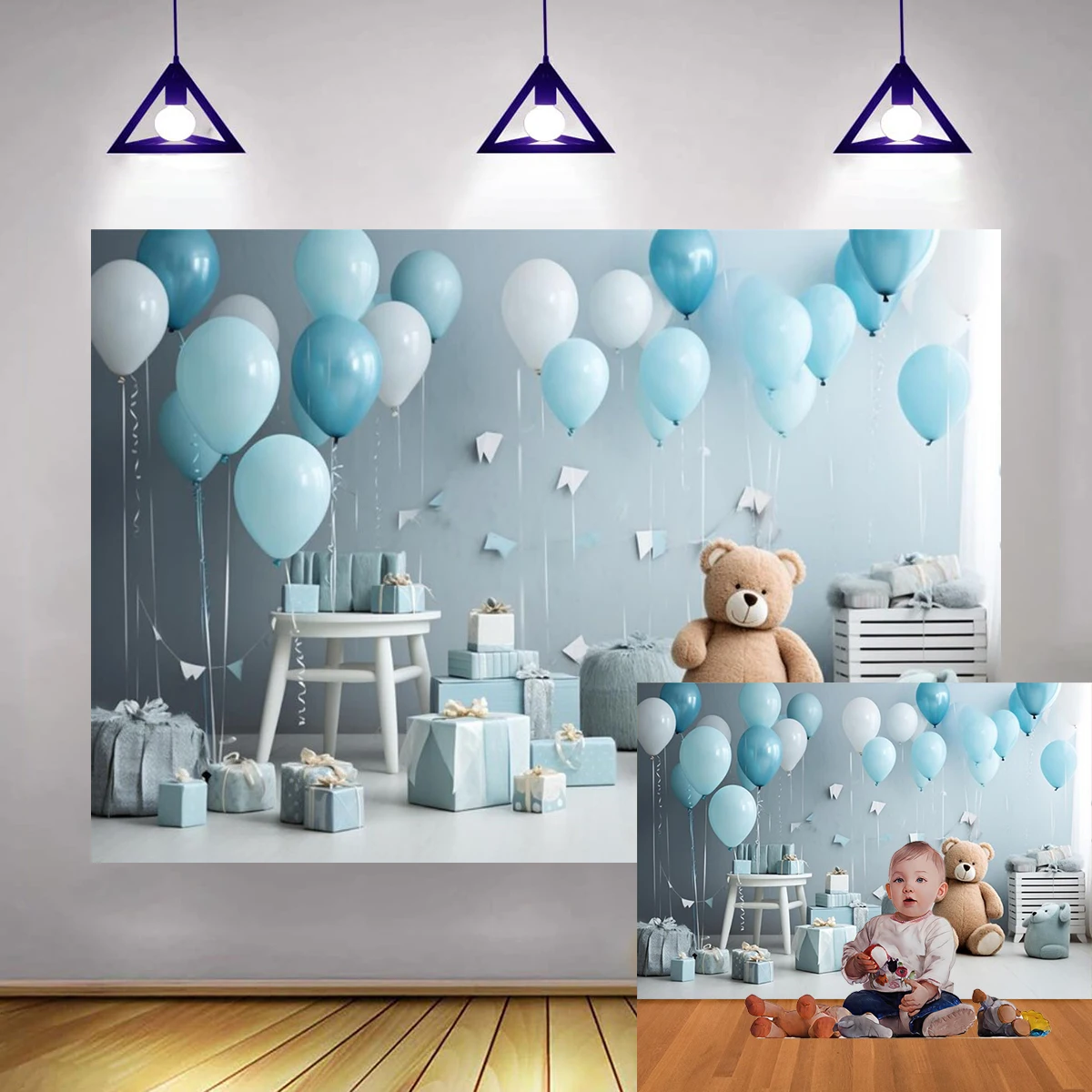 Children Playhouse Backdrop Toy Teddy Bear Photography Banner Gray Balloons Wall Baby Shower Decorations Family Birthday Decor