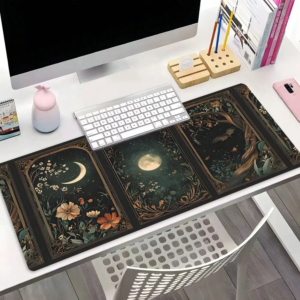 1pc Vintage Dark Night Moon Phase Floral Oversized Extended Gaming Mouse Pad, With Non-Slip Rubber Base, Stitched Edge Washable Desk Mat, Suitable For Gaming