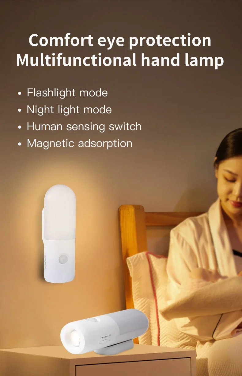 Motion Sensor 2 in 1 LED Night Light Rechargeable 3 Colors Wall Lamp Wireless Magnetic Spotlight for Bedroom Corridor and Stair