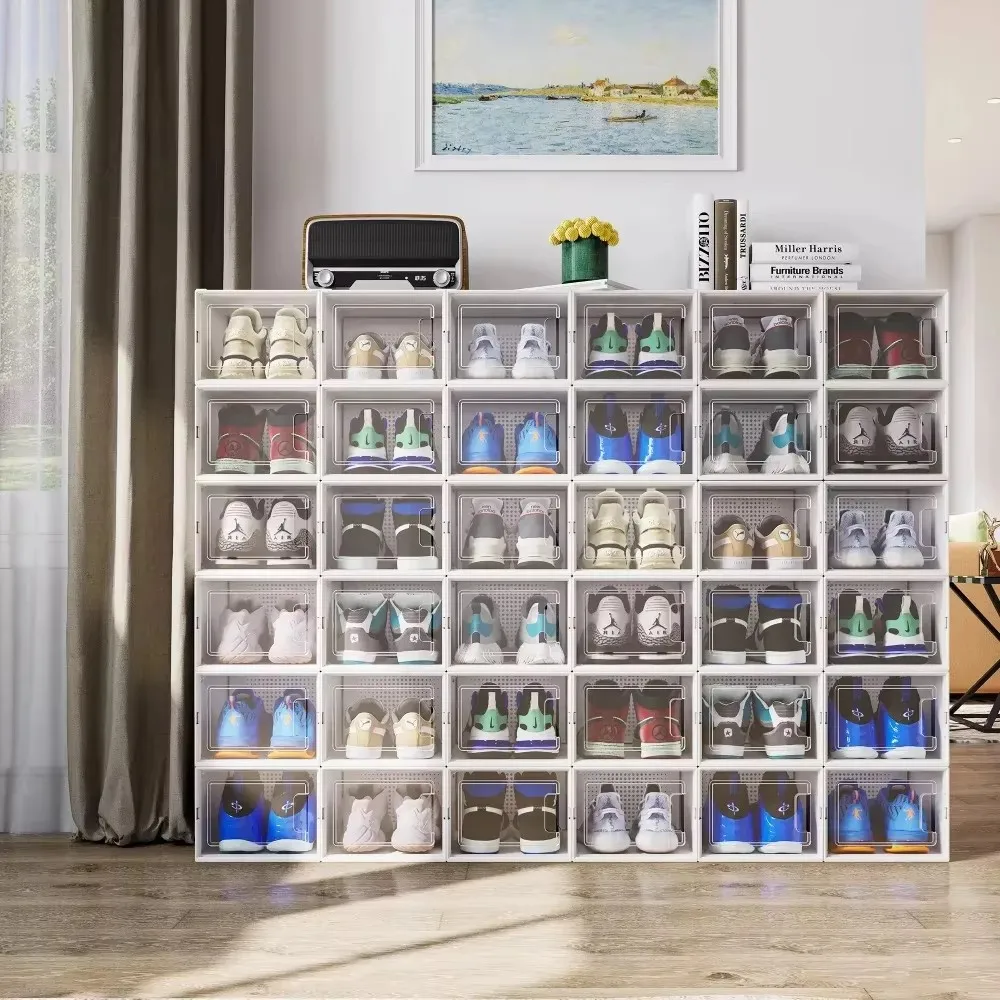 12PCS High-capacity Shoe Storage Box, Transparent Plastic Stackable Shoe Storage Box with Drawers and Lid Shoe Rack