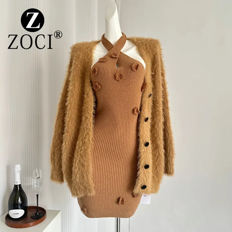 [ZOCI] Wine Heart Sweet Cherry Soft Glutinous Knitted Cardigan Hook Flower Hanging Neck Dress Off Shoulder Sweater Set Winter