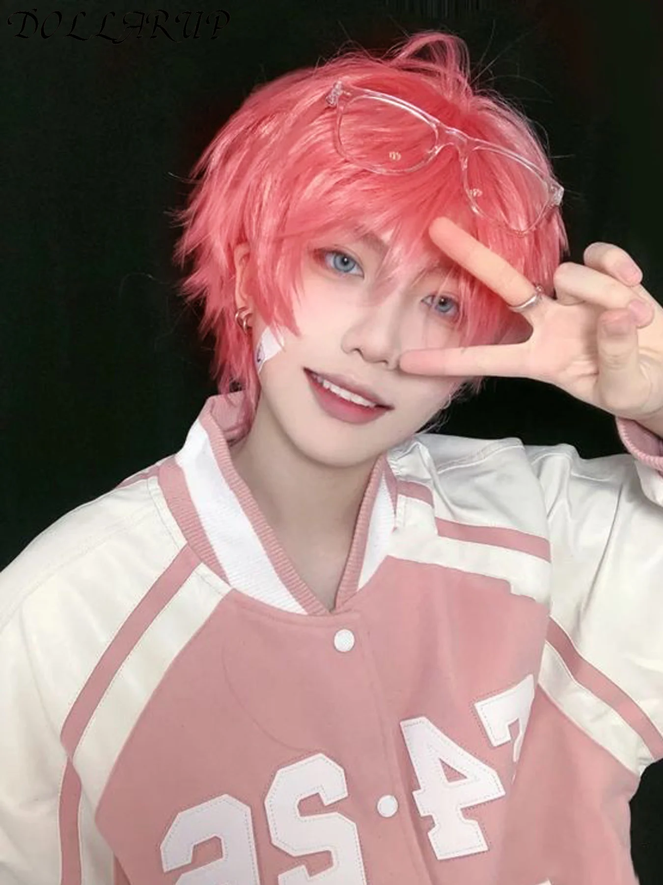 

DOLLARUP Fashion Men Short Wig Light Pink Blonde Synthetic Wigs With Bangs For Male Women Boy Cosplay Costume Anime Halloween