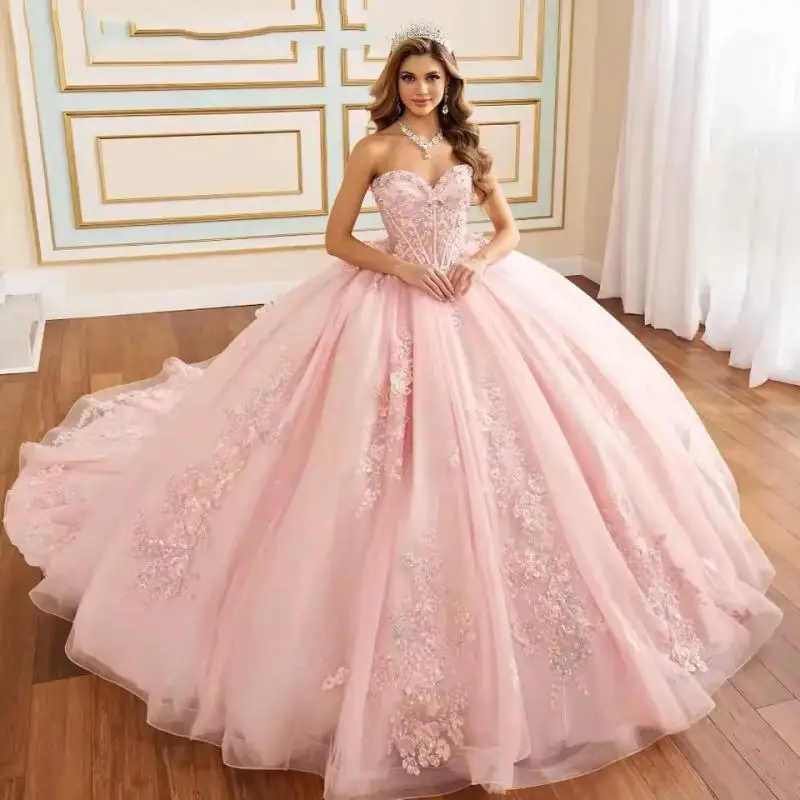 

Розовое кружевное платье Quinceanera с аппликацией по индивидуальному заказу, бальное платье с цветочным принтом и бантом из бисера, милое платье 16, Vestido De 15 Anos