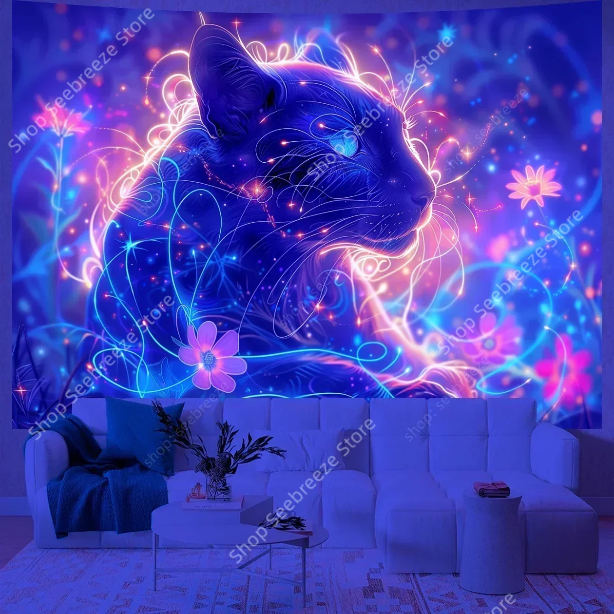 Animal UV Reactive Tapestry Psychedelic Hippie Tapestry Wall Hanging Neon Backdrop Room Decor Aesthetic Sofa Blanket Beach Towel