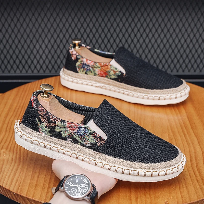 

Summer Black Men's Espadrille Shoes Fashion All-match Casual Shoes Man Canvas Shoes Breathable Slip-On Fisherman Shoes for Men