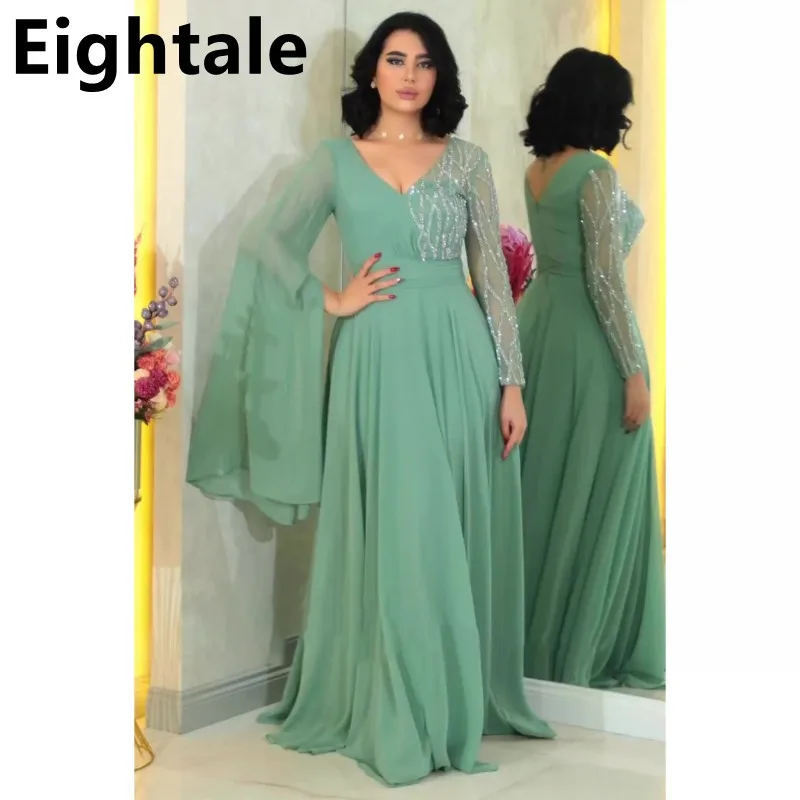 Eightale Customized Chiffon A Line Long Sleeve Evening Dress For Wedding Party Sequined Prom Dress Dubai Party Gown New Arrival