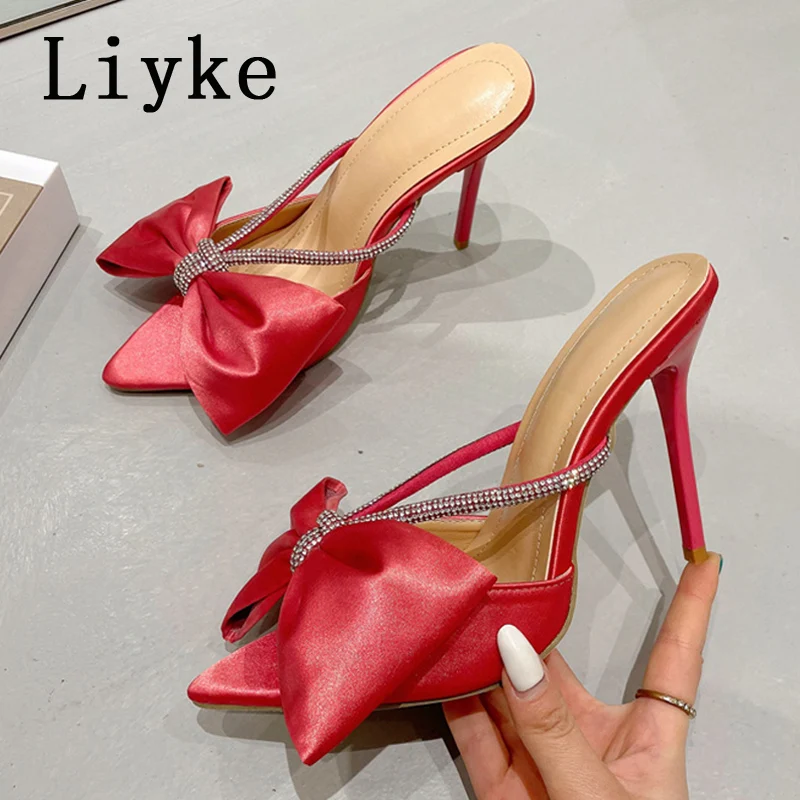 Liyke Sexy Party Nightclub Stripper Heels 11CM Slippers Fashion Bowknot Pointed Open Toe Crystal Rhinestone Shoes Women Sandals