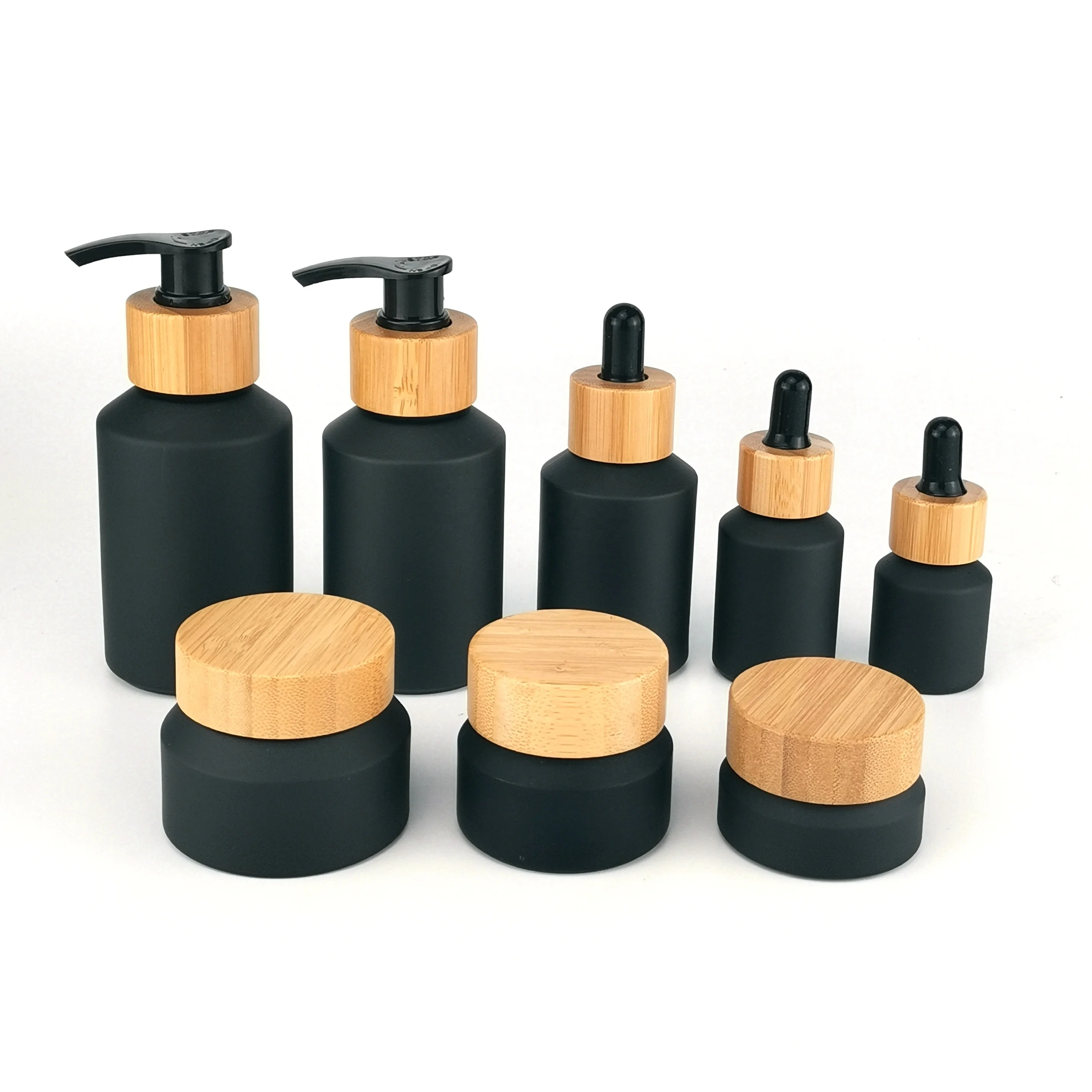 60pcs 200ml matte black glass bottle 15ml 30ml 60ml 120ml cosmetic glass bottle bamboo pump lids 30g 50g jar with bamboo lid