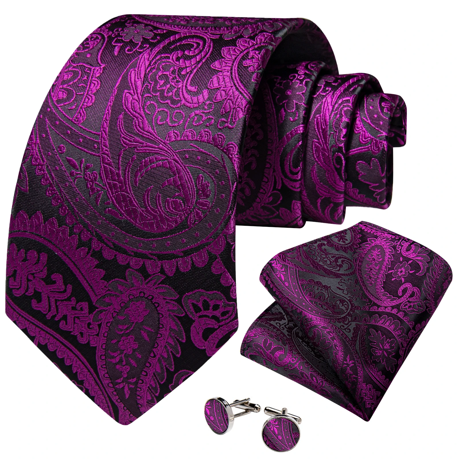 New  Polyester Men\'s 8cm Tie Set with Pocket Square Cufflinks Wedding Party Groom Accessories Necktie Gift for Husband