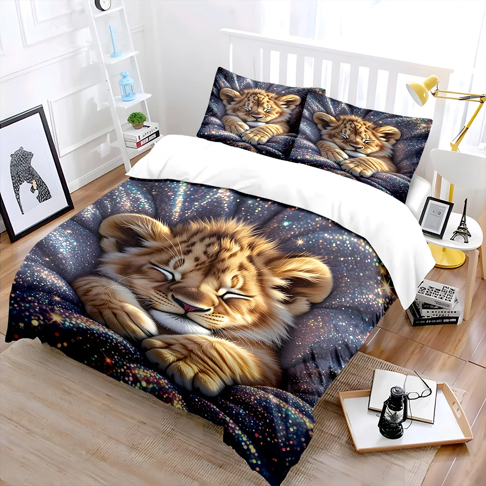 Sleeping lion cub in sparkling starlight Bedding Set for Kids Luxury Gift 3pcs Digital Print Comforter Set Soft Comfortable