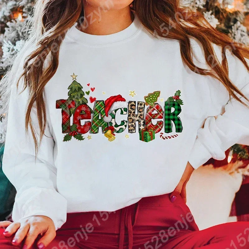 Teacher Christmas Print Crew Neck Sweatshirt, Casual Long Sleeve Pullovers For Fall & Winter, Women\'s Sweatshirts