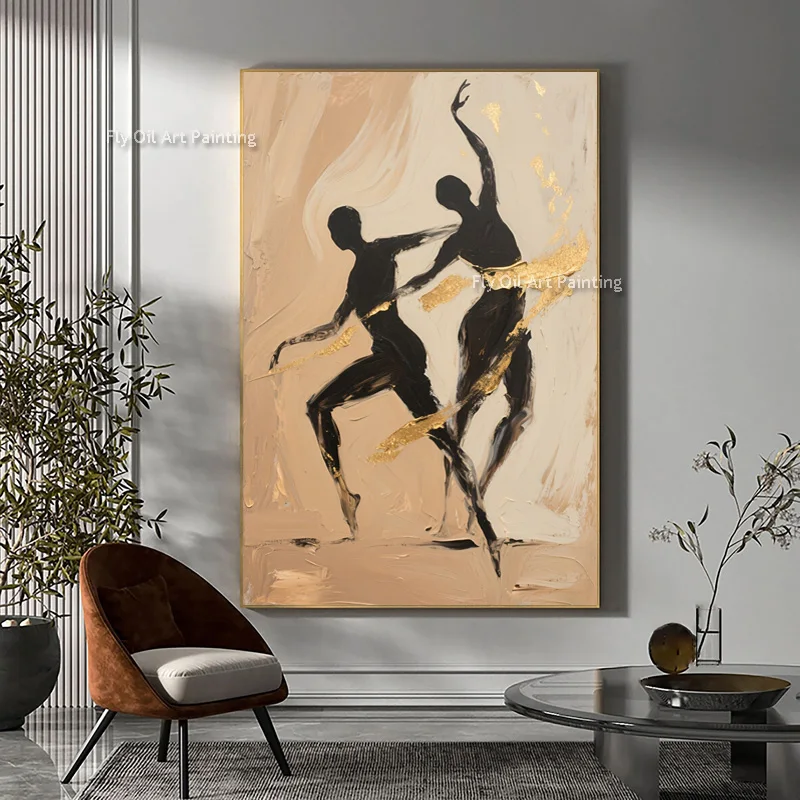 Beige And Gold Foil Abstract Canvas Thick Oil Painting Handmade Black Couple Dacing Wall Art New Design Artwork For Room Decor