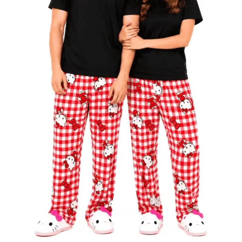 His Hers Matching Hello Kitty Red White Gingham Flannel Pajama Pants Elastic Waist Wide Leg Sleepwear Holiday Gift Home Trousers