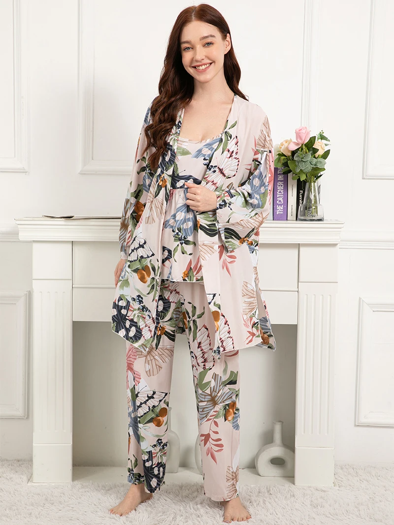 Plus Size S-XXXL 100% Viscose Ladies Spring Autumn Pajamas Set Comfortable Soft Home Suit Robes with Pants Pyjamas Sleepwear