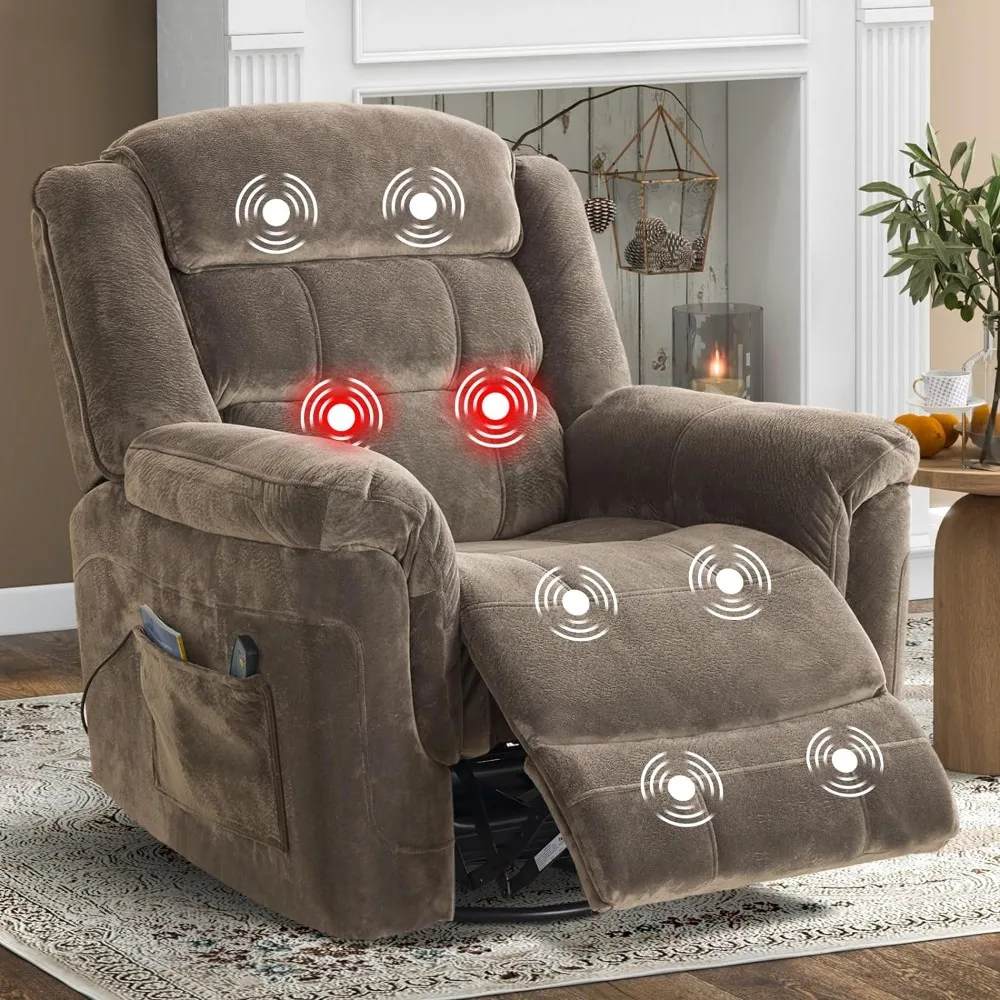 Oversized Swivel Rocker Chair with Massage and Heat Recliner, Brown