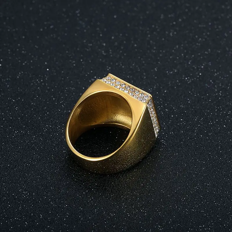 HIP hop Signet Ring for Men, gold color Square Top Stainless Steel rhinestone Finger Band, Gothic Punk Rock Boy Stamp Rings
