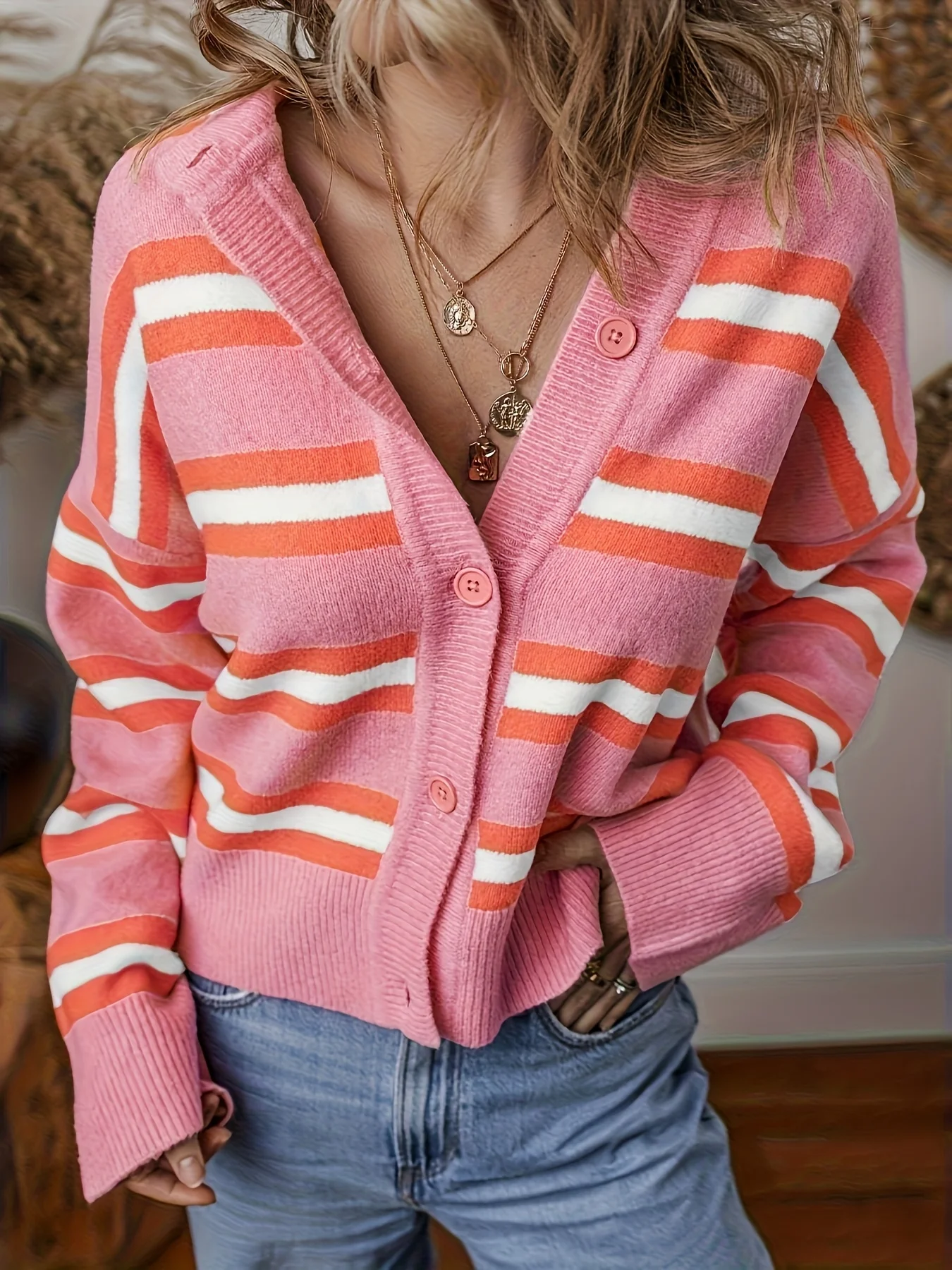 Autumn and Winter New Style Soft Pink Orange and White Striped Color-Blocking Youthful Sweet Temperament Casual Elegant Buttoned Round Neck Knitted Cardigan Sweater Coat for Women
