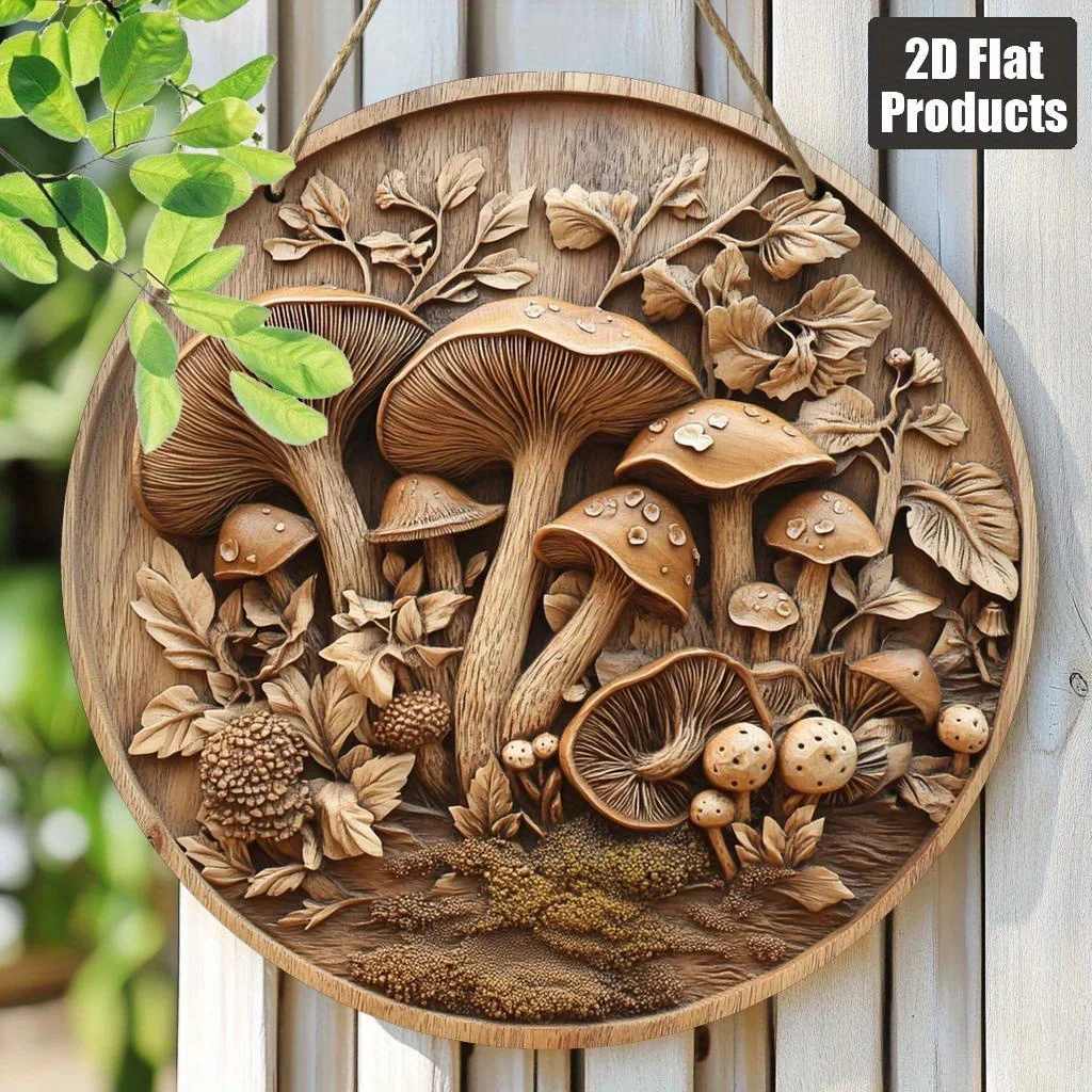 2D Flat, 1pc 8x8 Inch Rustic Mushroom Wall Art Decor - 2D Flat Printed Recycled Wood Round Plaque with Forest Fungi Design, Natu