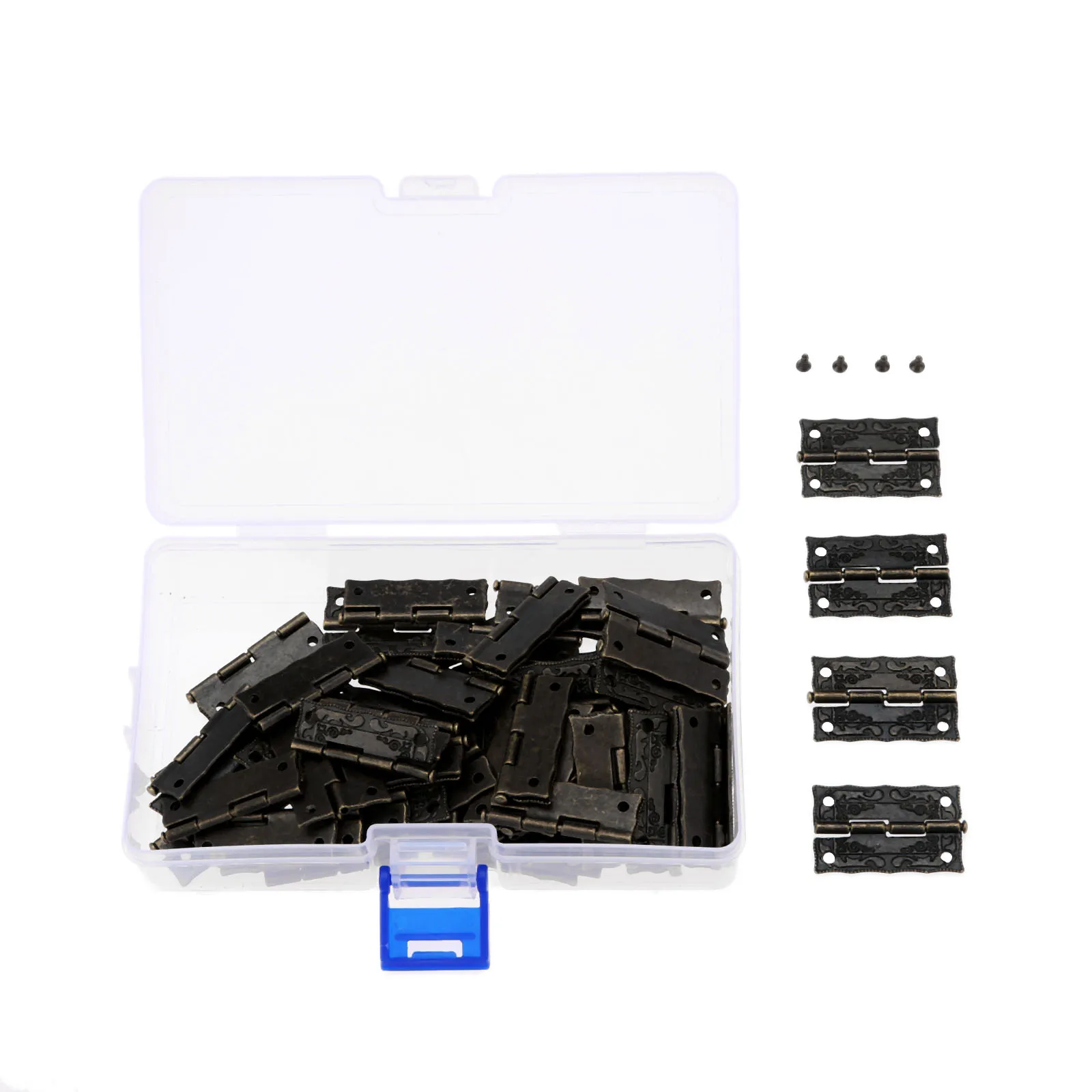 60Pcs/box 36*23mm Mini Decorative Hinge Iron Jewelry Wood Boxes Cabinet Door Furniture Hinges with Storage Box and 240Pcs Screws