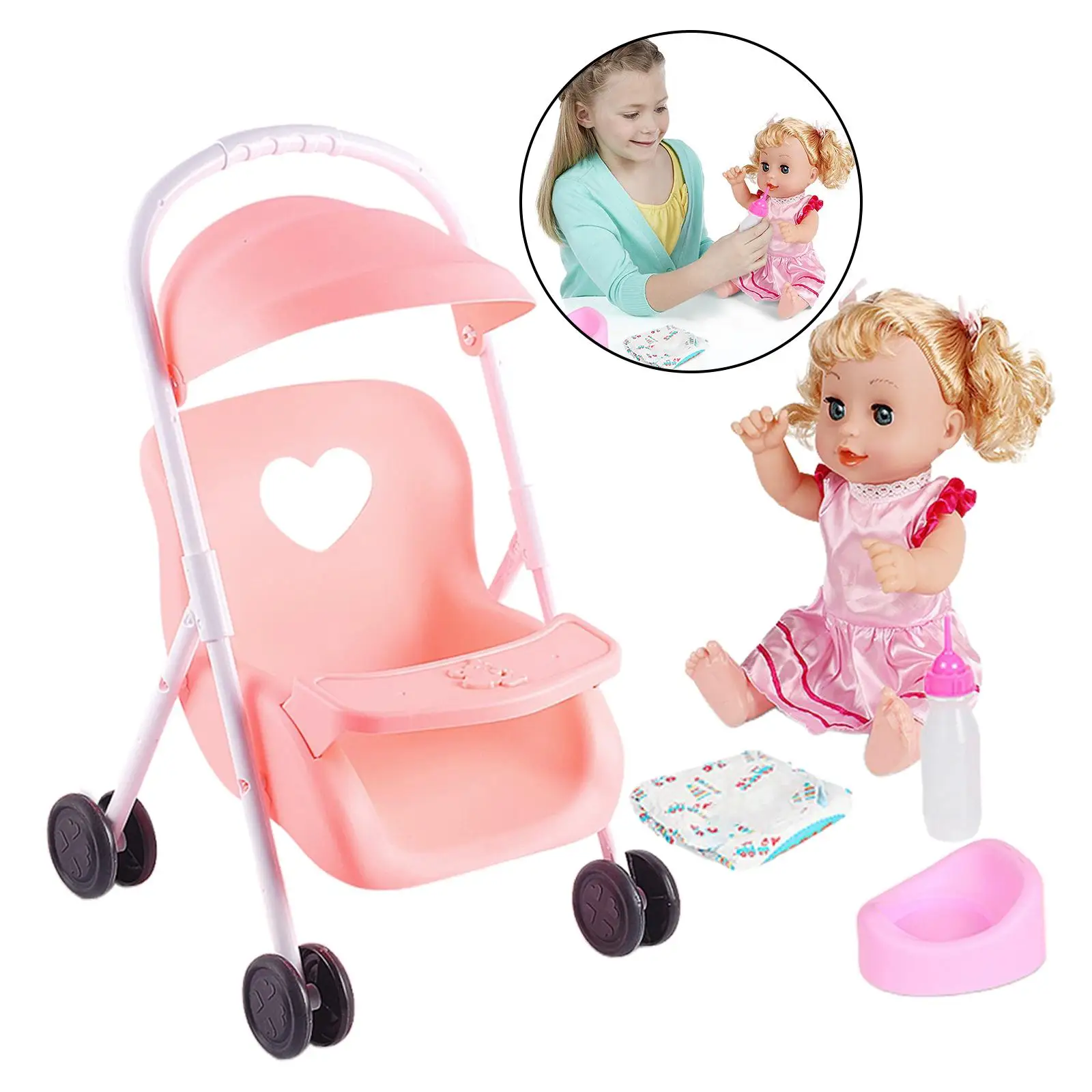 Dolls Baby Girl Doll with Mini Stroller Carriages for Children Toys Pink
