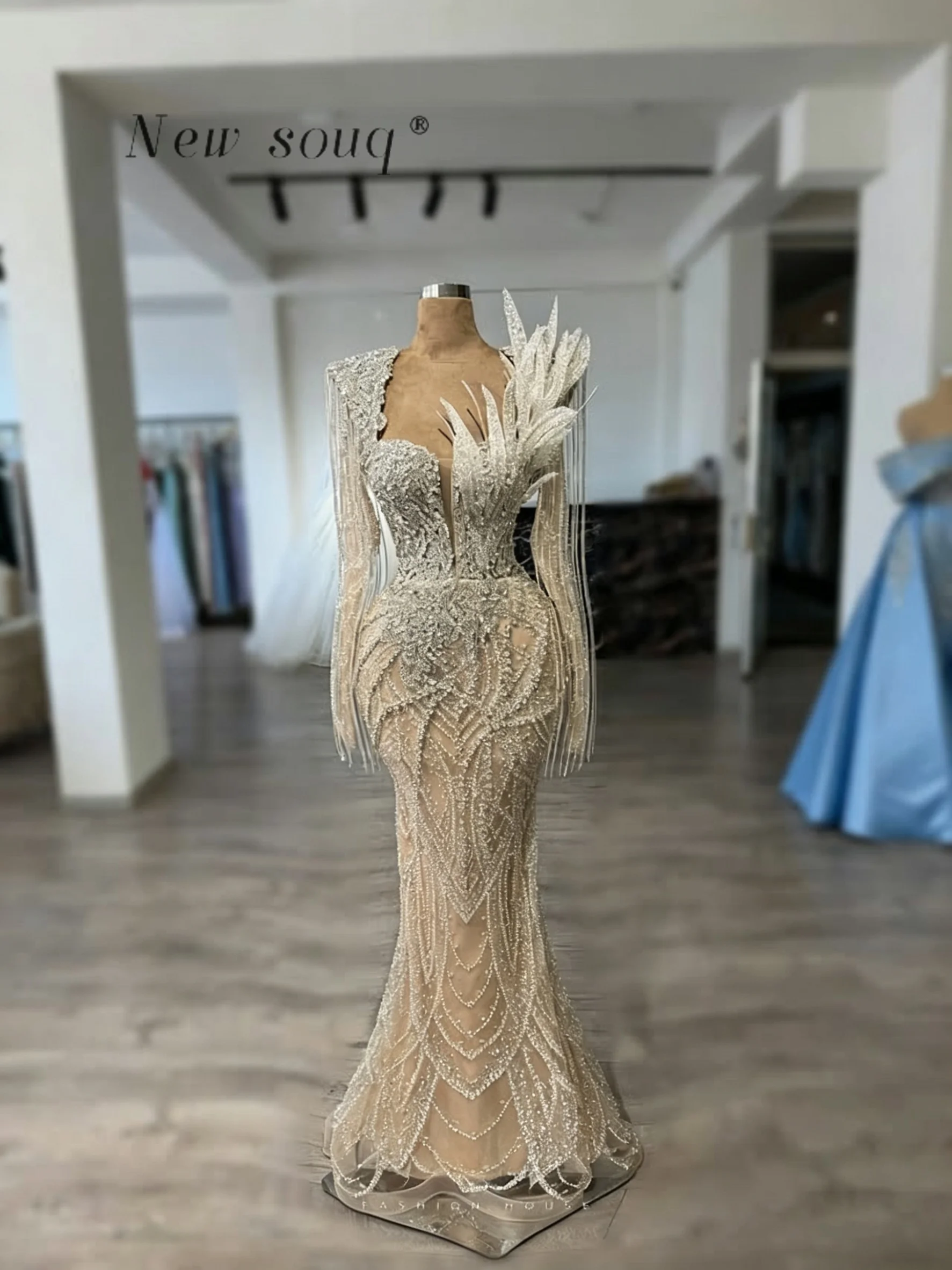 

Элегантные вечерние платья-русалки цвета шампань с длинными рукавами, кристаллами и бахромой, индивидуальный пошив, для выпускного вечера и свадьбы, коллекция 2026 года