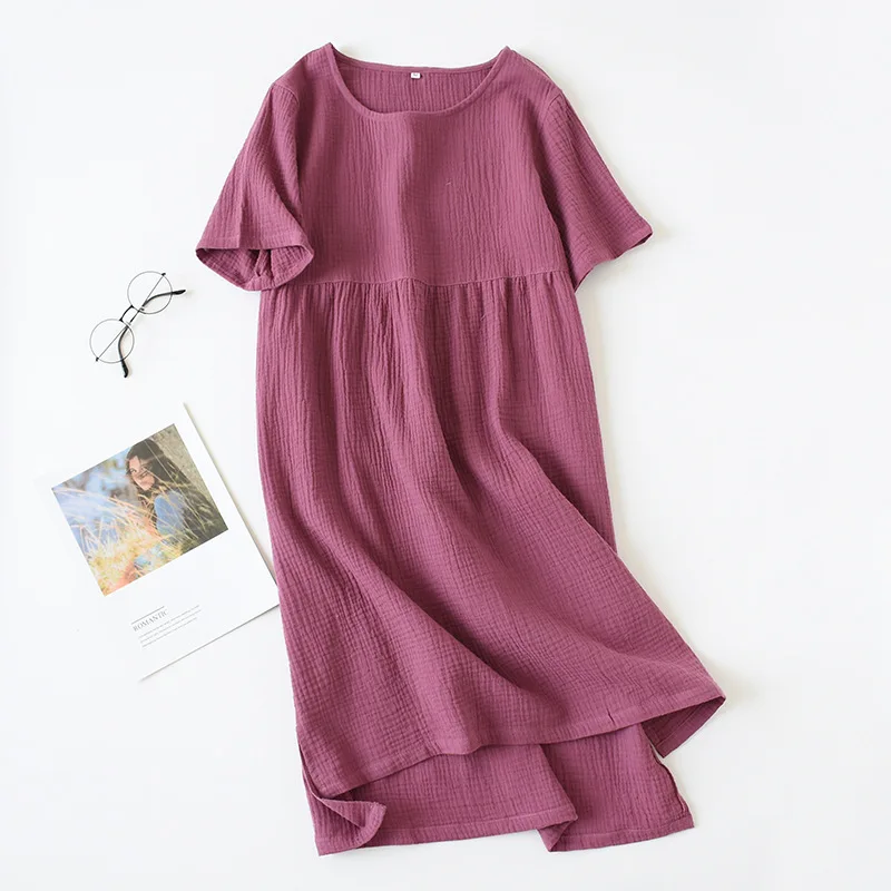 Summer Sleepwear 100% Cotton Crepe Short-sleeved Sleepshirts Plus Size Loose Nightgowns Women Night Gown Sexy Sleeping Dress